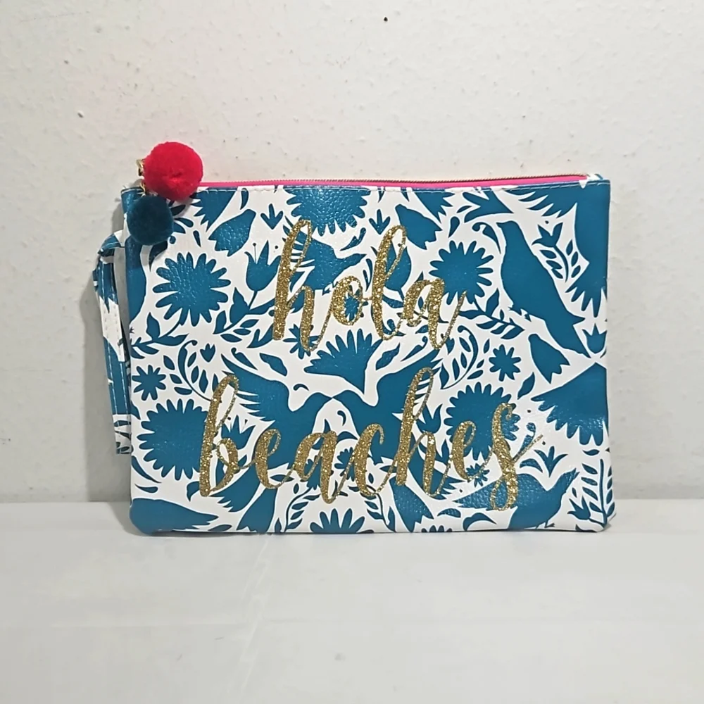 hola beaches gold glitter lettering over birds & floral print large wristlet